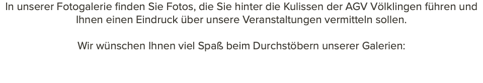 In unserer Fotogalerie finden Sie Fotos, die Sie hinter die Kulissen der AGV Völklingen führen und Ihnen einen Eindruck über unsere Veranstaltungen vermitteln sollen. Wir wünschen Ihnen viel Spaß beim Durchstöbern unserer Galerien: